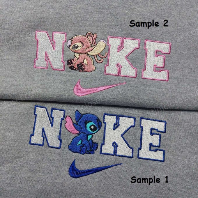 Stitch Angel Nike Embroidered Shirt - Customized Couple Shirt Unique Nike Embroidery 3