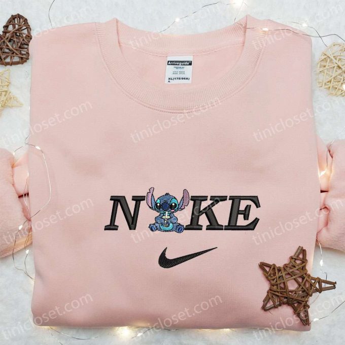 Stitch Drinking Boba X Nike Embroidered Shirt Disney Characters Hoodie Nike Inspired Sweatshirt 5