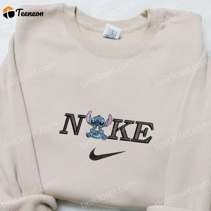 Stitch Drinking Boba X Nike Embroidered Shirt Disney Characters Hoodie Nike Inspired Sweatshirt 1