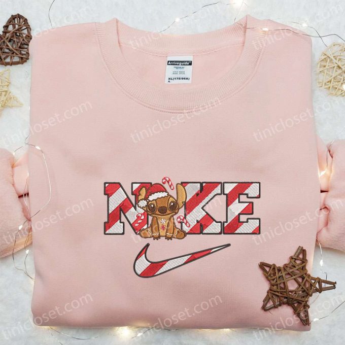 Stitch Gingerbread Candy Canes X Nike Embroidered Shirt Disney Characters Hoodie &Amp; Christmas Sweatshirt 3