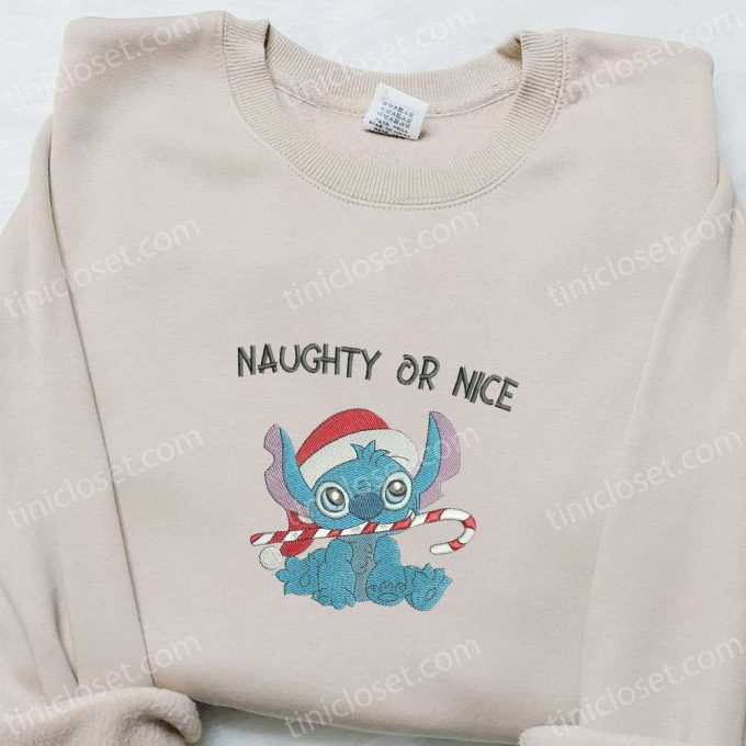 Get F Gift For Men Women With Stitch Naughty Or Nice Candy Cane Shirt &Amp; Disney Characters Embroidered Hoodie - B Gift For Men Women Christmas Gifts For Family 2