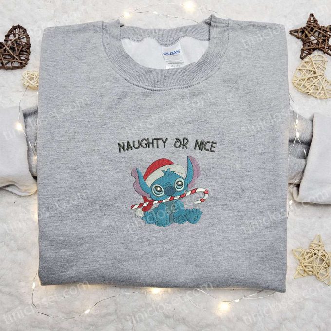 Get F Gift For Men Women With Stitch Naughty Or Nice Candy Cane Shirt &Amp; Disney Characters Embroidered Hoodie - B Gift For Men Women Christmas Gifts For Family 3