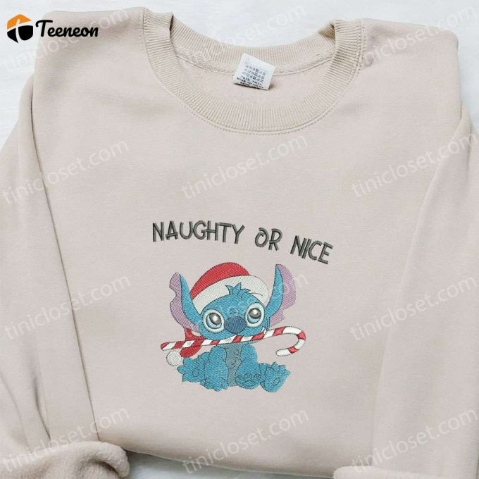 Get F Gift For Men Women With Stitch Naughty Or Nice Candy Cane Shirt &Amp;Amp; Disney Characters Embroidered Hoodie - B Gift For Men Women Christmas Gifts For Family 1