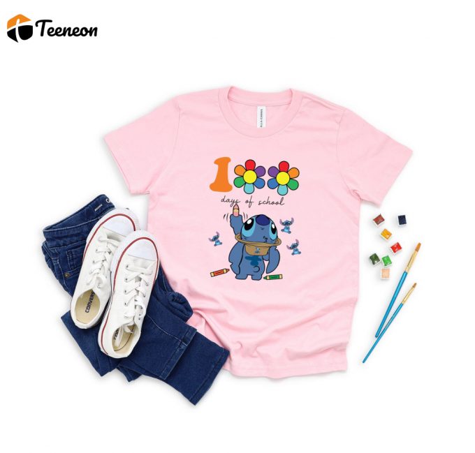 Celebrate 100 Days Of School With Cute Stitch Shirt! Get School Vibes &Amp;Amp; Disney Magic In This Teacher Shirt For Kids School Outfit - 100 Days Celebration Shirt 1