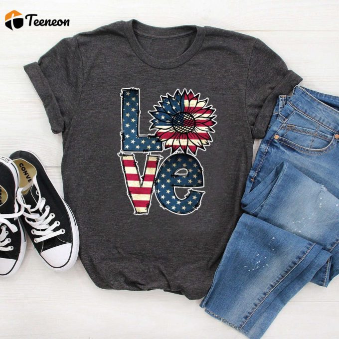 America Sunflower Shirt - Lovea Flag Flower Tee 4Th Of July Graphic T-Shirt - Gift For Americans (92 Characters) 1