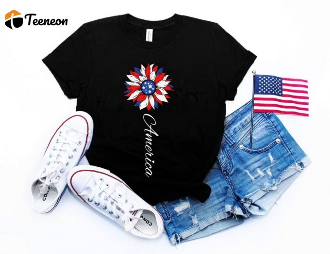 America Sunflower Shirta Flag Flower Tee: Perfect Gift For Americans Celebrate Freedom &Amp;Amp; Independence With 4Th Of July Graphic 1