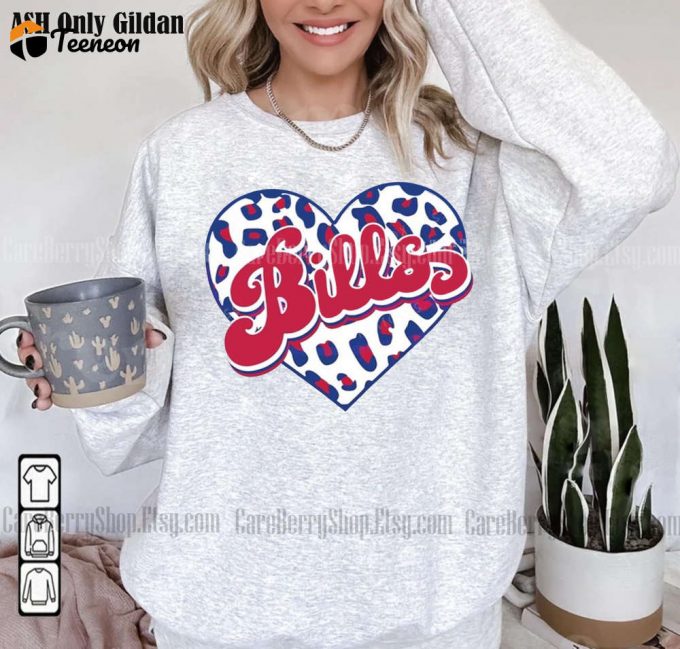 Buffalo Bills Heart Leopard Sweatshirt - Vintage Style Crewneck Perfect Buffalo Fan Gift 1