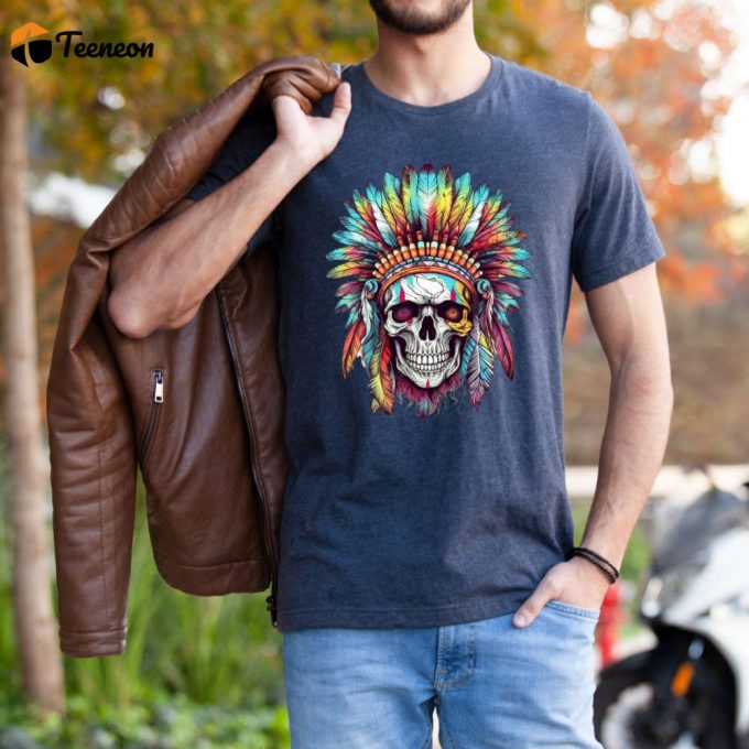 Native Chief Skull T-Shirt: American Tee With Full Moon Top &Amp;Amp; Indigenous Art Dreamcatcher &Amp;Amp; Feather Shirt 1