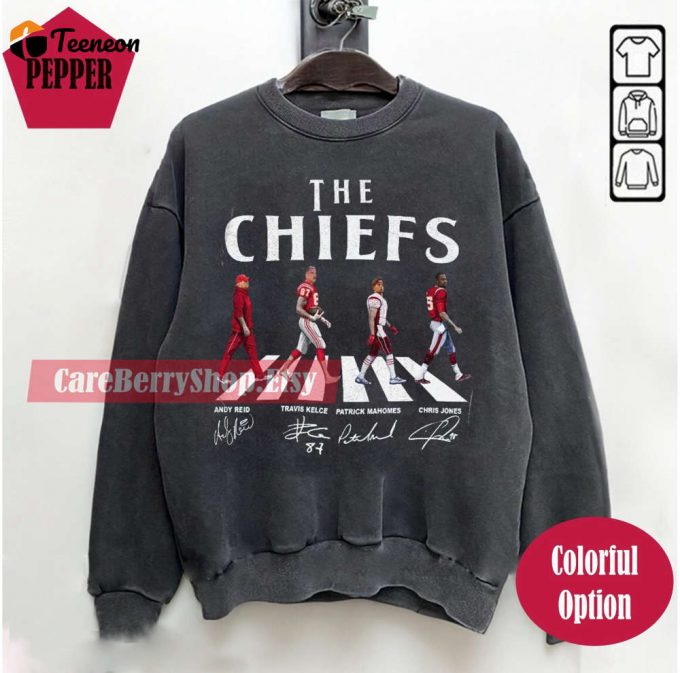 Chiefs Walking Abbey Road Signatures Sweatshirt: Reid Kelce Mahomes Jones - Kansas City Vintage Tee 1