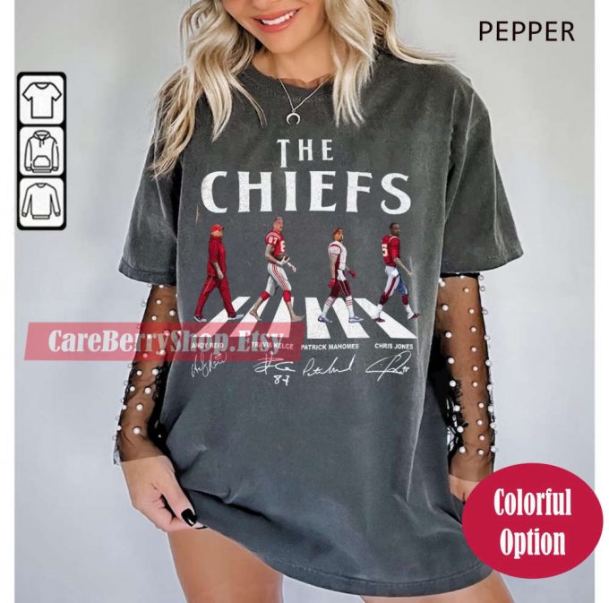 Chiefs Walking Abbey Road Signatures Sweatshirt: Reid Kelce Mahomes Jones - Kansas City Vintage Tee 2