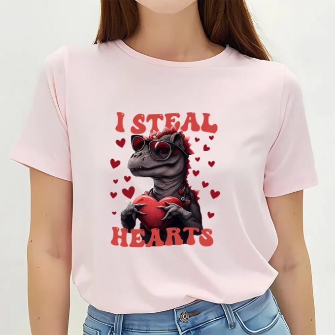 Cute Valentines Day Shirts, Heart Thief Dinosaur Valentine Day T-Shirt 3