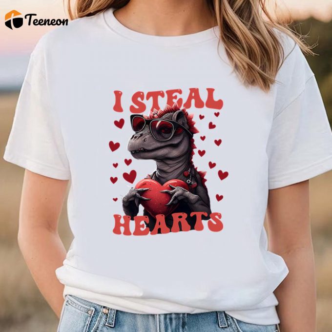 Cute Valentines Day Shirts, Heart Thief Dinosaur Valentine Day T-Shirt 1