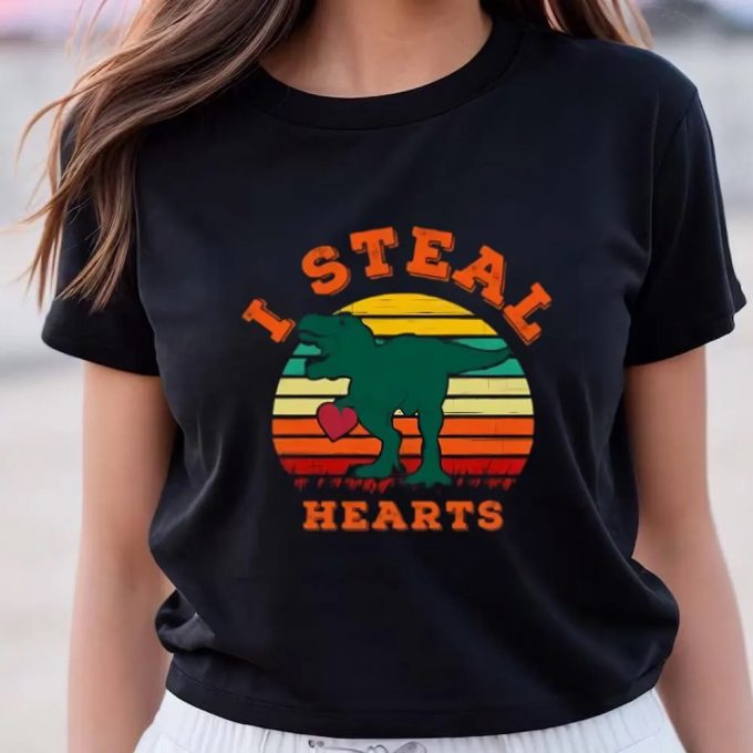 Cute Valentines Day Shirts, I Steal Hearts Dinosaur Valentine Theme T-Shirt 2