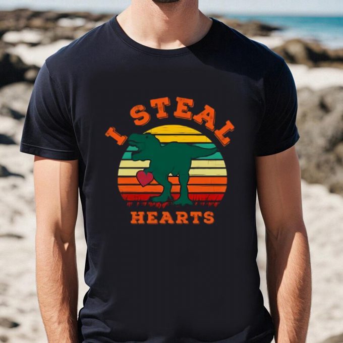 Cute Valentines Day Shirts, I Steal Hearts Dinosaur Valentine Theme T-Shirt 3