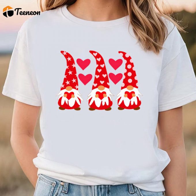 Cute Valentines Day Shirts, Valentine Red Gnomes Holding Hearts Valentine Day Gnome T-Shirt 1