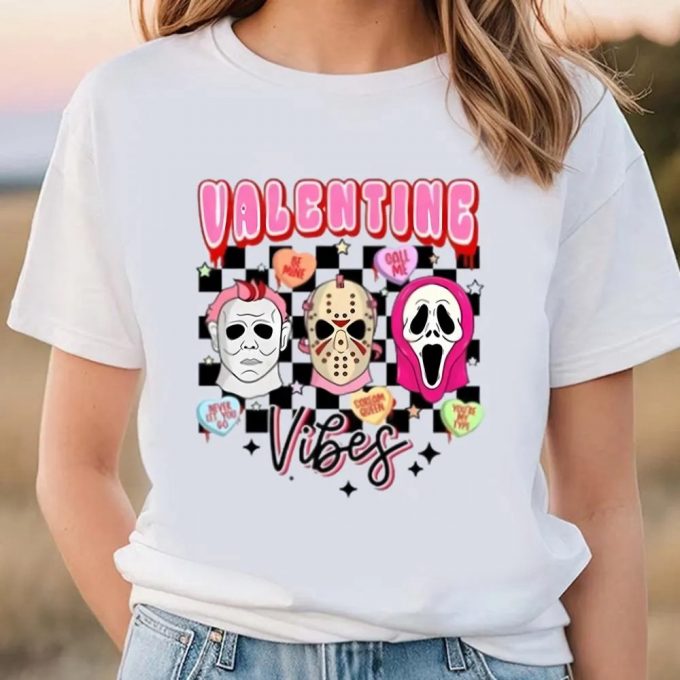 Cute Valentines Day Shirts, Valentine Vibes Horror Characters Shirt 3