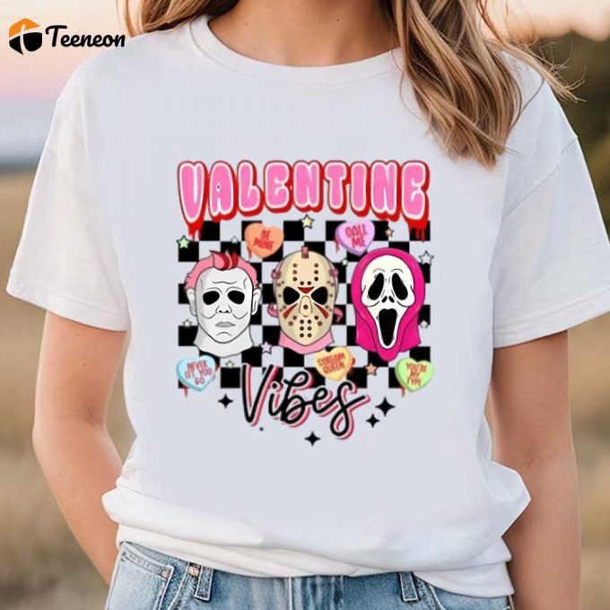 Cute Valentines Day Shirts, Valentine Vibes Horror Characters Shirt 1