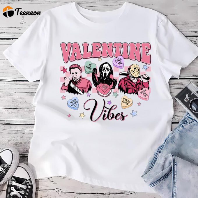 Cute Valentines Day Shirts, Valentine Vibes Horror Movie Characters Shirt 1