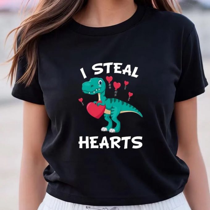 Cute Valentines Day Shirts, Valentines Day Dinosaur I Steal Hearts T Rex Lovers T-Shirt 3