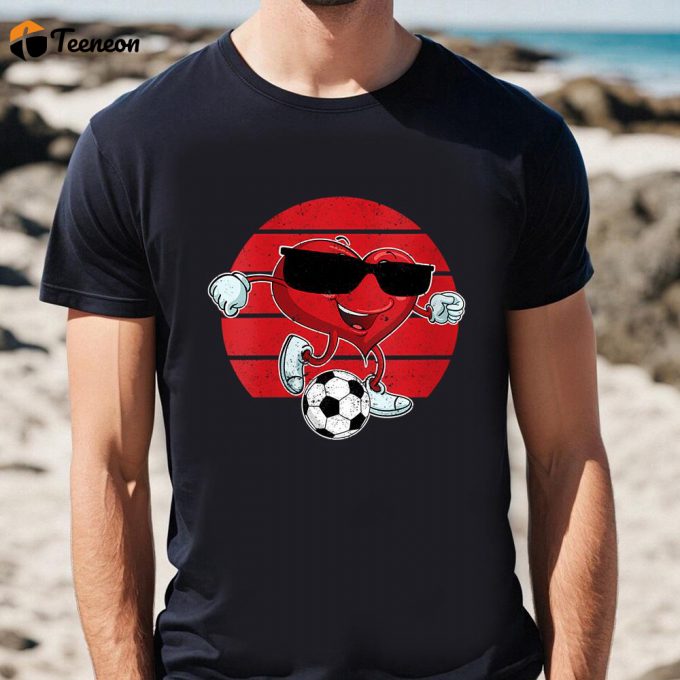 Cute Valentines Day Shirts, Valentine’s Day Heart Kicking A Soccer Ball Cool Funny Sport T-Shirt 1