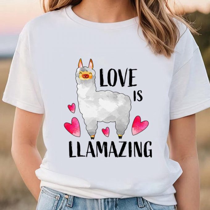 Cute Valentines Day Shirts, Valentine’s Day Love Is Llamazing Æ¯ith Cute Llama And Hearts T-Shirt 2