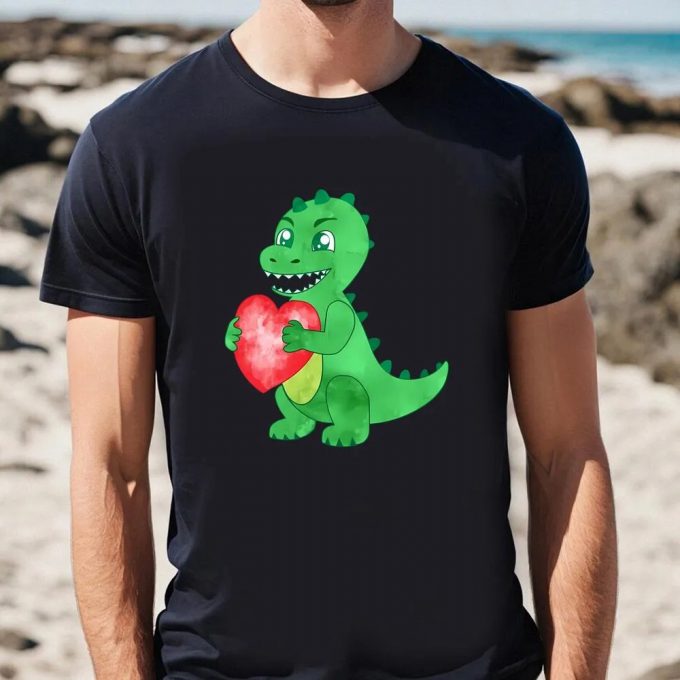 Cute Valentines Day Shirts, Watercolor Green Dinosaur Hold Heart Valentine T-Shirt 2