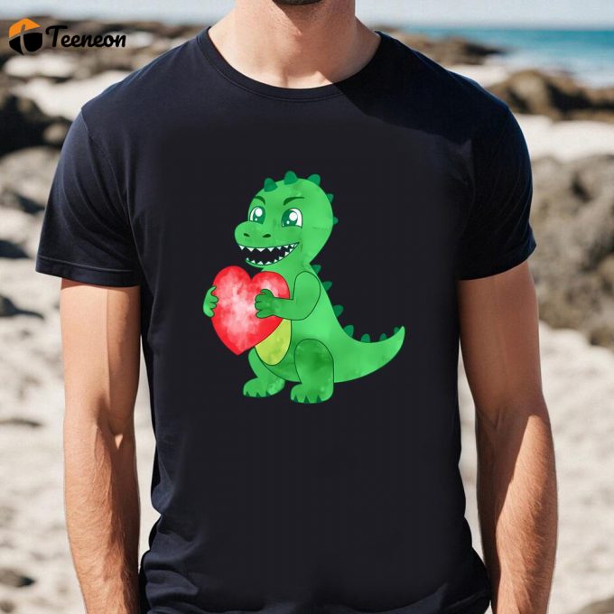 Cute Valentines Day Shirts, Watercolor Green Dinosaur Hold Heart Valentine T-Shirt 1