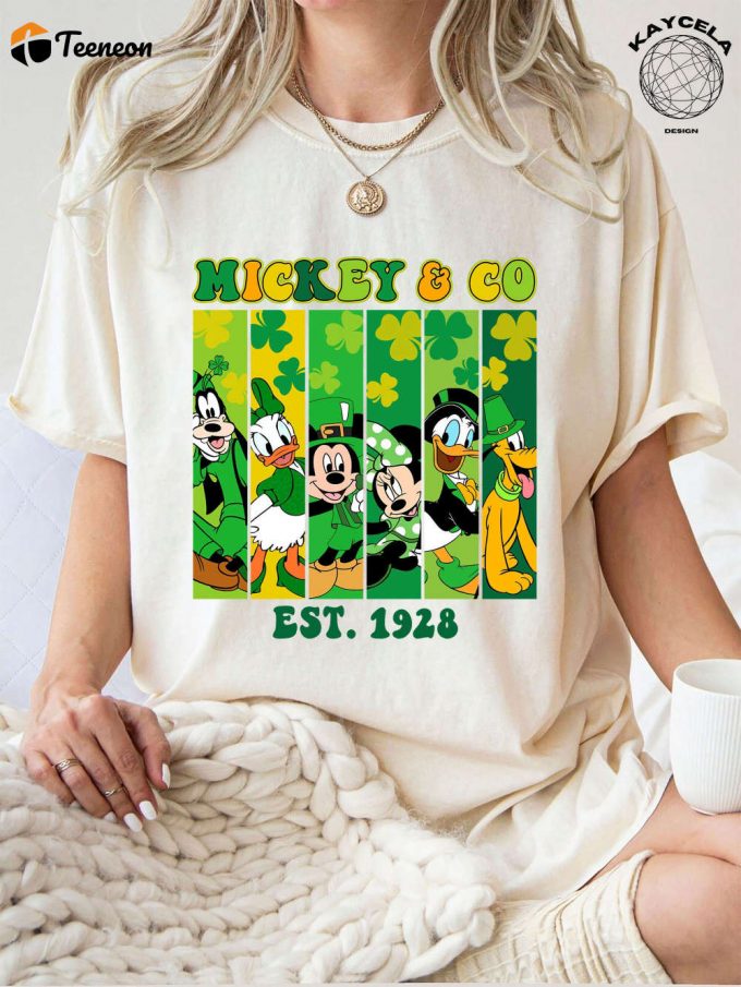 Disney St Patrick’s Day Mickey And Friends T-Shirt Est 1928 Four Leaf Clover Shamrock Family 2024 Tee 1