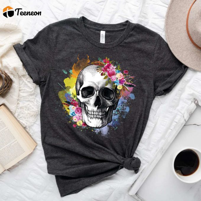 Colorful Flower Skull Shirt: Stylish Skeleton Tee With Painted Skull Design 1