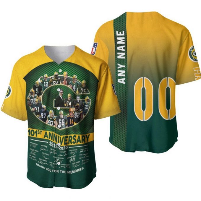 Green Bay Packers 101St Anniversary Thank You For The Memories Signature Designed Allover Gift With Custom Name Number For Packers Fans Baseball Jersey 2