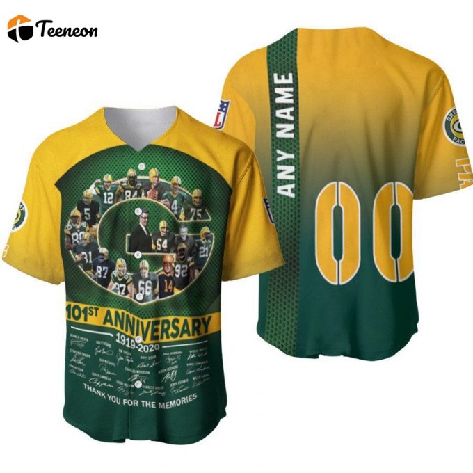 Green Bay Packers 101St Anniversary Thank You For The Memories Signature Designed Allover Gift With Custom Name Number For Packers Fans Baseball Jersey 1