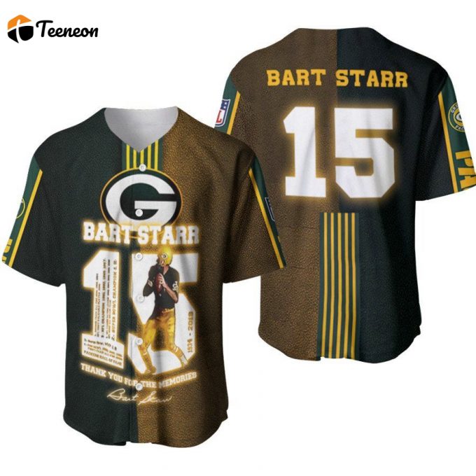 Green Bay Packers Bart Starr 15 Thank You For The Memories Signature Legendary Captain Designed Allover Gift For Packers Fans Baseball Jersey - Gift For Men Women 1