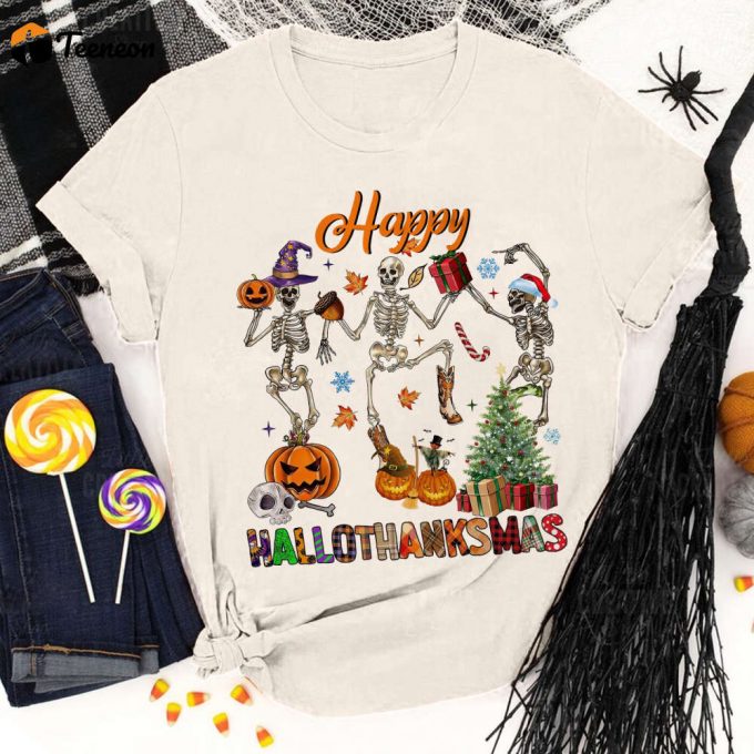 Spooky Hallothanksmas Dancing Skeleton Shirt - Funny Fall Season &Amp;Amp; Hallowthanksmas Shirt 1