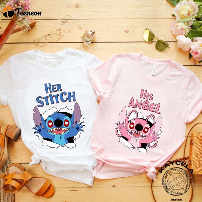 Disney Stitch And Angel Couple Shirts: Her Stitch His Angel T-Shirt Perfect For Honeymoon Or Valentines Matching Disney T-Shirts 1