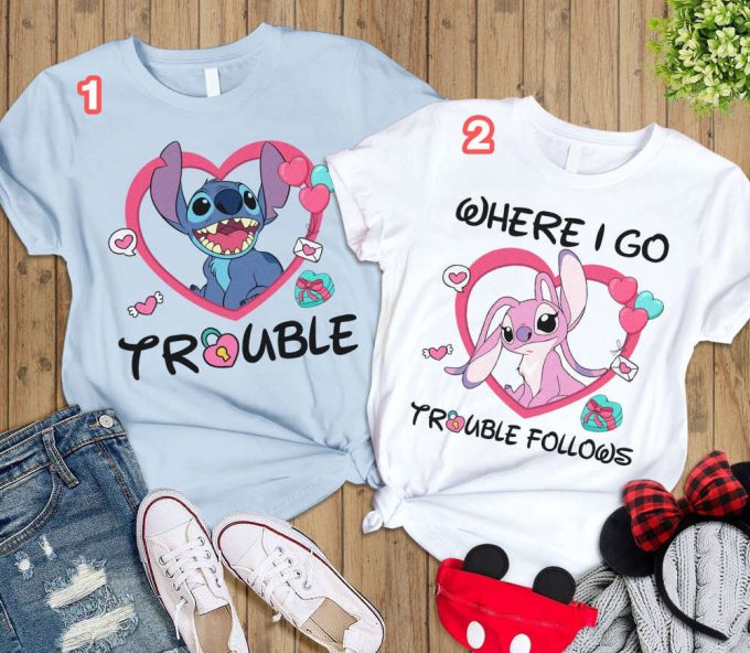 Stitch &Amp; Angel Matching Shirt - Trouble Follows - Disneyland 2024 Tee - Valentine Couple Shirts 2