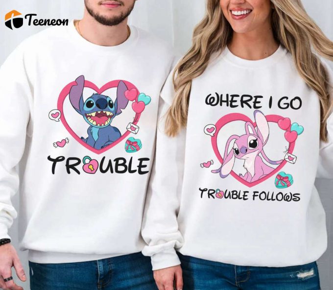 Stitch &Amp;Amp; Angel Matching Shirt - Trouble Follows - Disneyland 2024 Tee - Valentine Couple Shirts 1