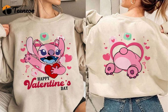 2024 Two-Sided Stitch Angel Happy Valentine S Day Shirt - Flower Heart Valentine Gifts Wdw Disneyland Couple Matching Outfit 1