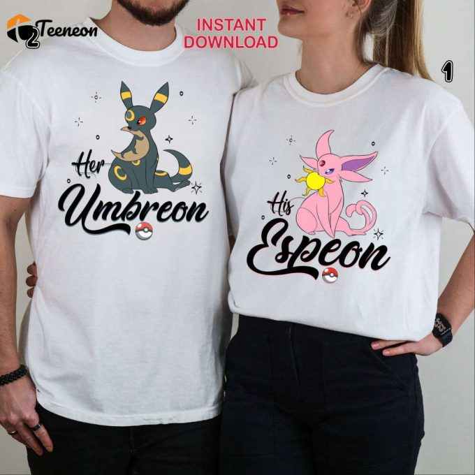 Pokemon Couple Shirt Umbreon &Amp;Amp; Espeon Png Design Eevee Evolution Valentine S Anime Tee 1