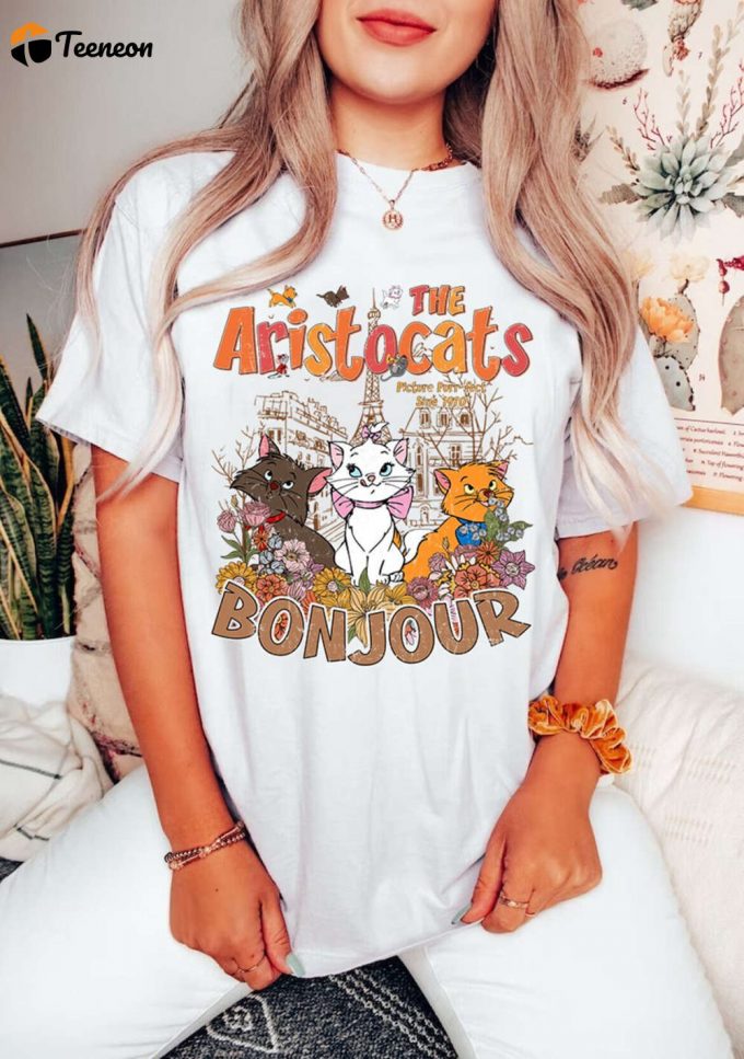 Vintage Two-Sided Aristocats Bonjour Shirt: Floral Disneyland Cats Tee - Everybody Wants Cat! 1