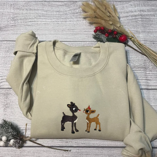 Get Festive with Rudolph & Clarice Sweatshirt: Embroidered Christmas Joy!