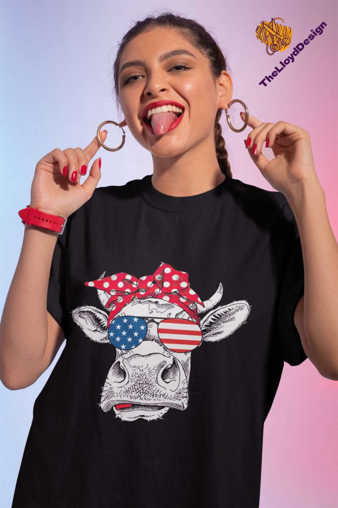 Cow Independence Day Shirt - American Flag Bandana &Amp; Glasses - Patriotic Cow T-Shirt 2