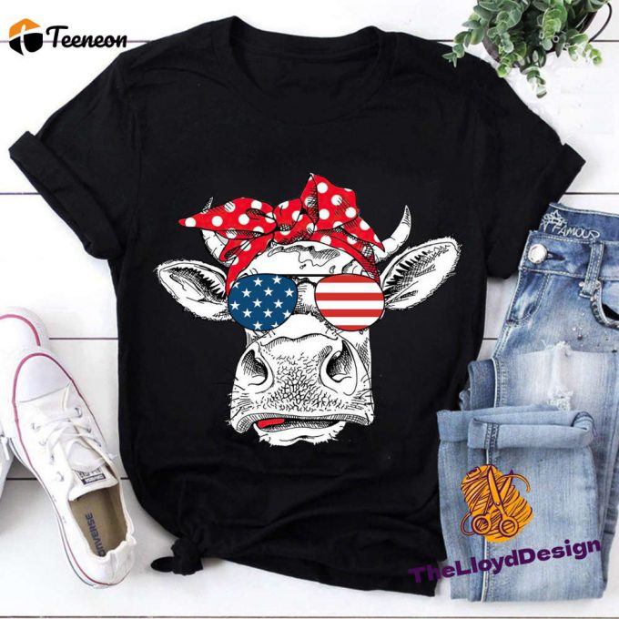 Cow Independence Day Shirt - American Flag Bandana &Amp;Amp; Glasses - Patriotic Cow T-Shirt 1