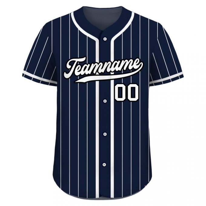 Personalized Custom Baseball Jersey For Men Women Youth - Teamname Name Number Pinstripe Button Down Printed Navy White 2