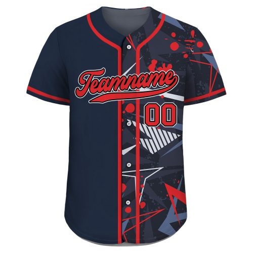 Personalized Custom Baseball Jersey for Men Women & Youth with Team Name Number – Printed Navy Red Graffiti Split Button Down Jerseys (124 characters)