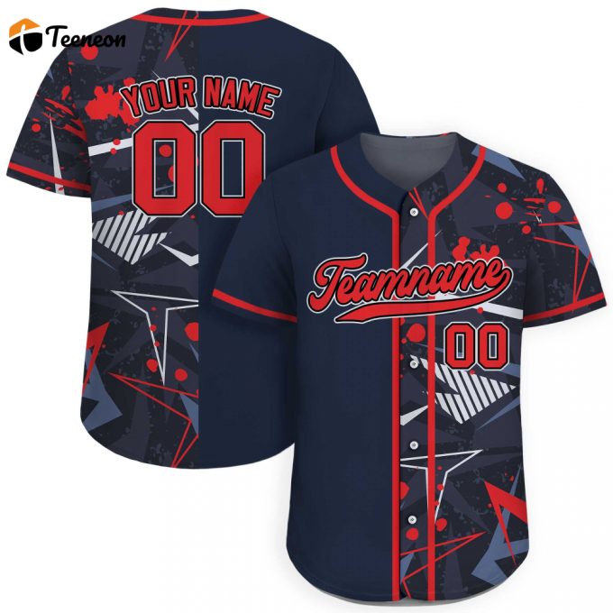 Personalized Custom Baseball Jersey For Men Women &Amp;Amp; Youth With Team Name Number - Printed Navy Red Graffiti Split Button Down Jerseys (124 Characters) 1