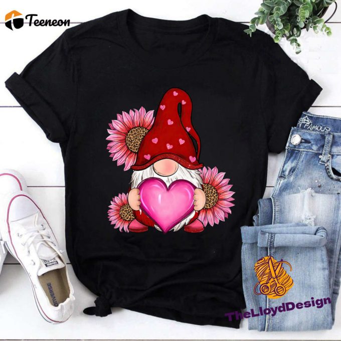 Cute Valentine Gnome T-Shirt: Gnome Hugs Heart Sunflower Unisex Tee Perfect Valentines Day &Amp;Amp; Vintage Gift 1