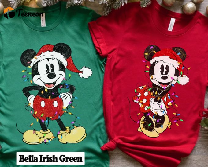 Sparkling Disney Couples Mickey &Amp;Amp; Minnie Christmas Lights T-Shirt: Festive Holiday Design For Disney Fans 1