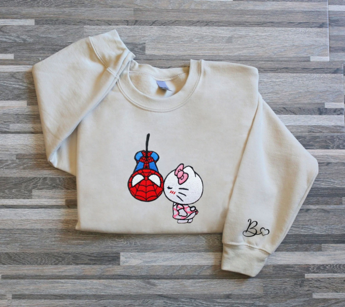 Adorable Embroidered Kitty Spiderman Couple Shirt - Perfect For Superhero Lovers! 3