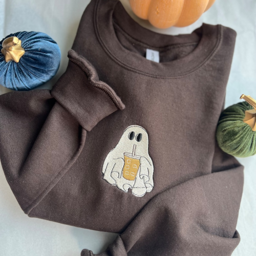 Stay Cozy and Caffeinated: Ghost With Coffee Embroidered Sweatshirt