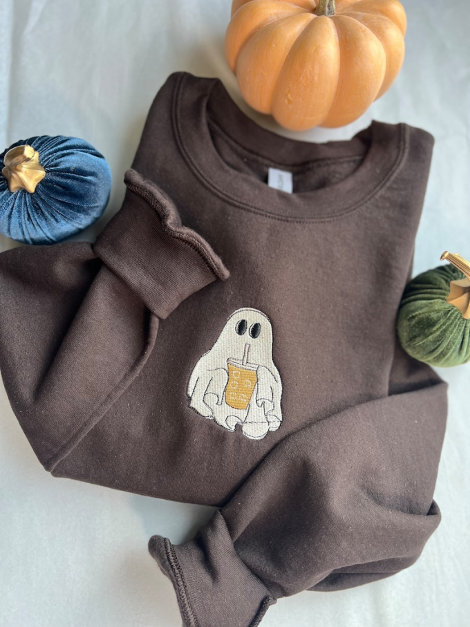 Stay Cozy And Caffeinated: Ghost With Coffee Embroidered Sweatshirt 2